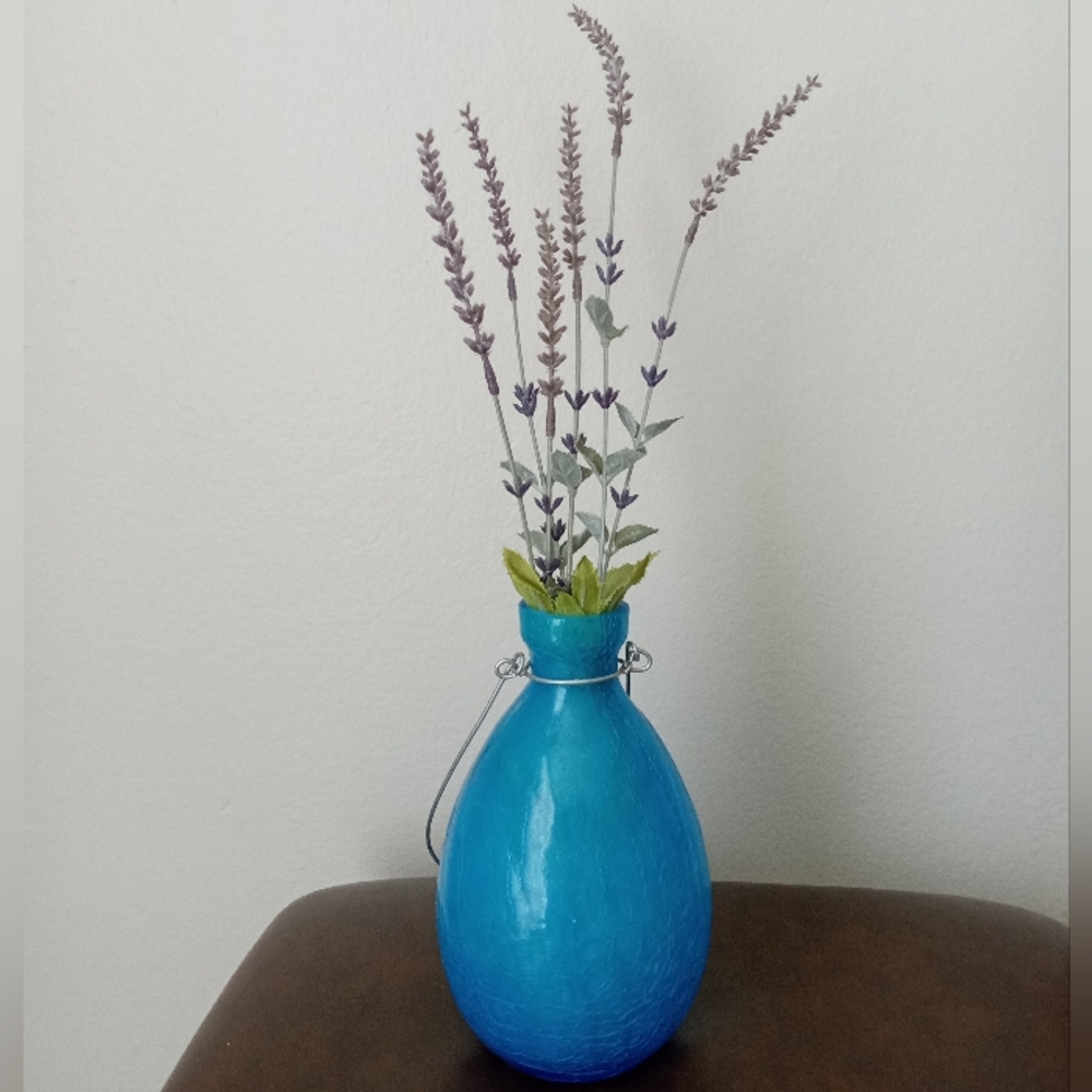 Blue Glass Vase with Lavender Stems